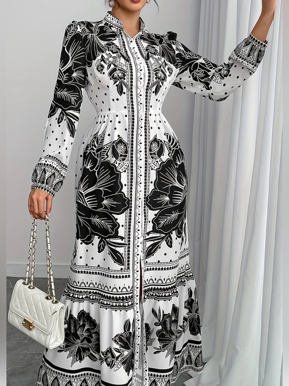 Boutique Black White Floral Maxi Shirt Dress L XL Modest Statement Boho Chic - Picture 6 of 6